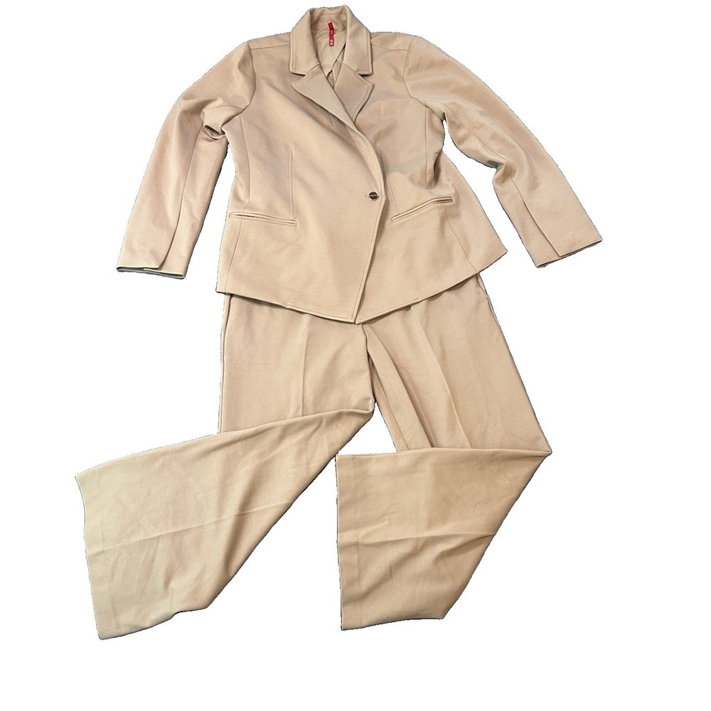 Spanx Womens Petite 2 Piece Suit Blazer Wide Leg Pants 1X Tan Stretch Minimalist